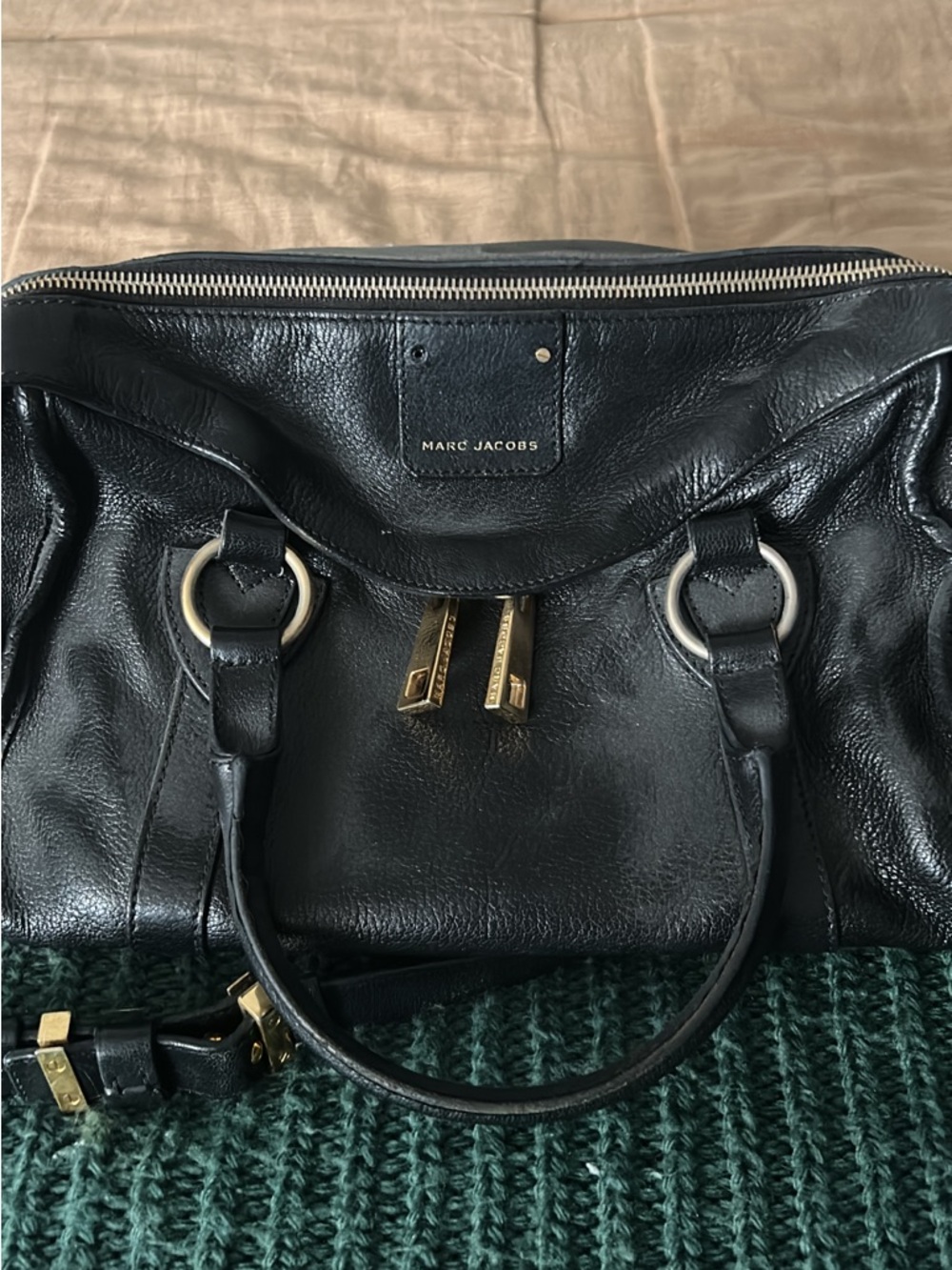 Marc Jacobs Black Leather Satchel with Gold Accents